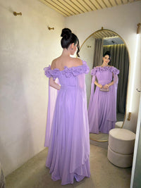 Lavender Off Shoulder Luxury Prom Dress Ruffle A Line Pleated Evening Dress Ms2606285