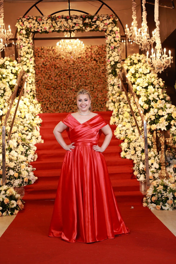 Red Off Shoulder Satin Prom Dress A Line Pleated Evening Formal Gowns Ms2606284
