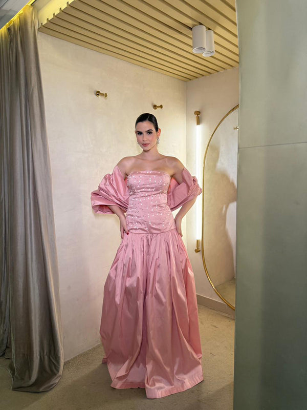 Pink Satin Off Shoulder Puff Sleeve Sequins Beaded Prom Dress Princess Evening Dress Ms2606231