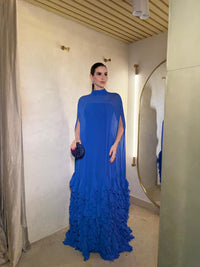Royal Blue Chiffon Cape Evening Dress High Neck Ruffle Formal Dress Modest Prom Dress Ms2606245