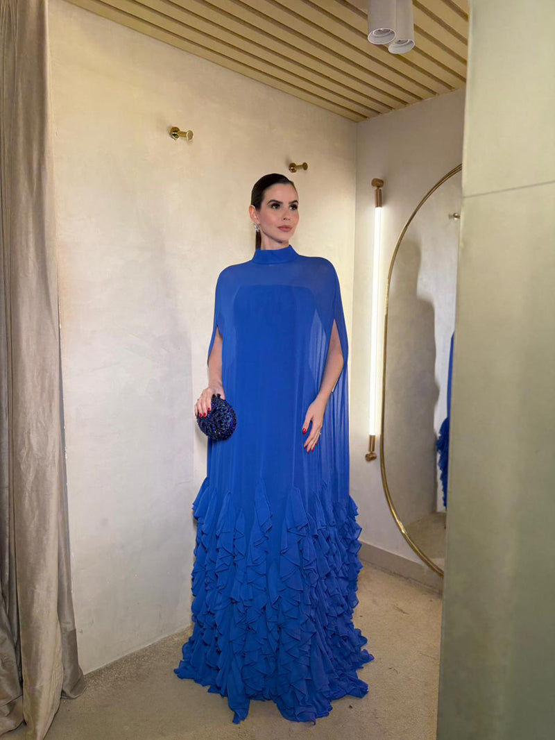 Royal Blue Chiffon Cape Evening Dress High Neck Ruffle Formal Dress Modest Prom Dress Ms2606245