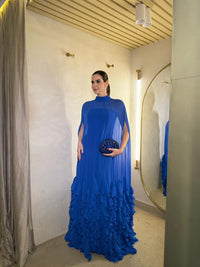 Royal Blue Chiffon Cape Evening Dress High Neck Ruffle Formal Dress Modest Prom Dress Ms2606245
