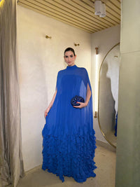 Royal Blue Chiffon Cape Evening Dress High Neck Ruffle Formal Dress Modest Prom Dress Ms2606245