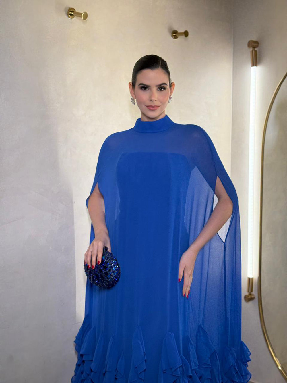 Royal Blue Chiffon Cape Evening Dress High Neck Ruffle Formal Dress Modest Prom Dress Ms2606245