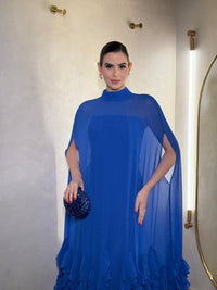 Royal Blue Chiffon Cape Evening Dress High Neck Ruffle Formal Dress Modest Prom Dress Ms2606245