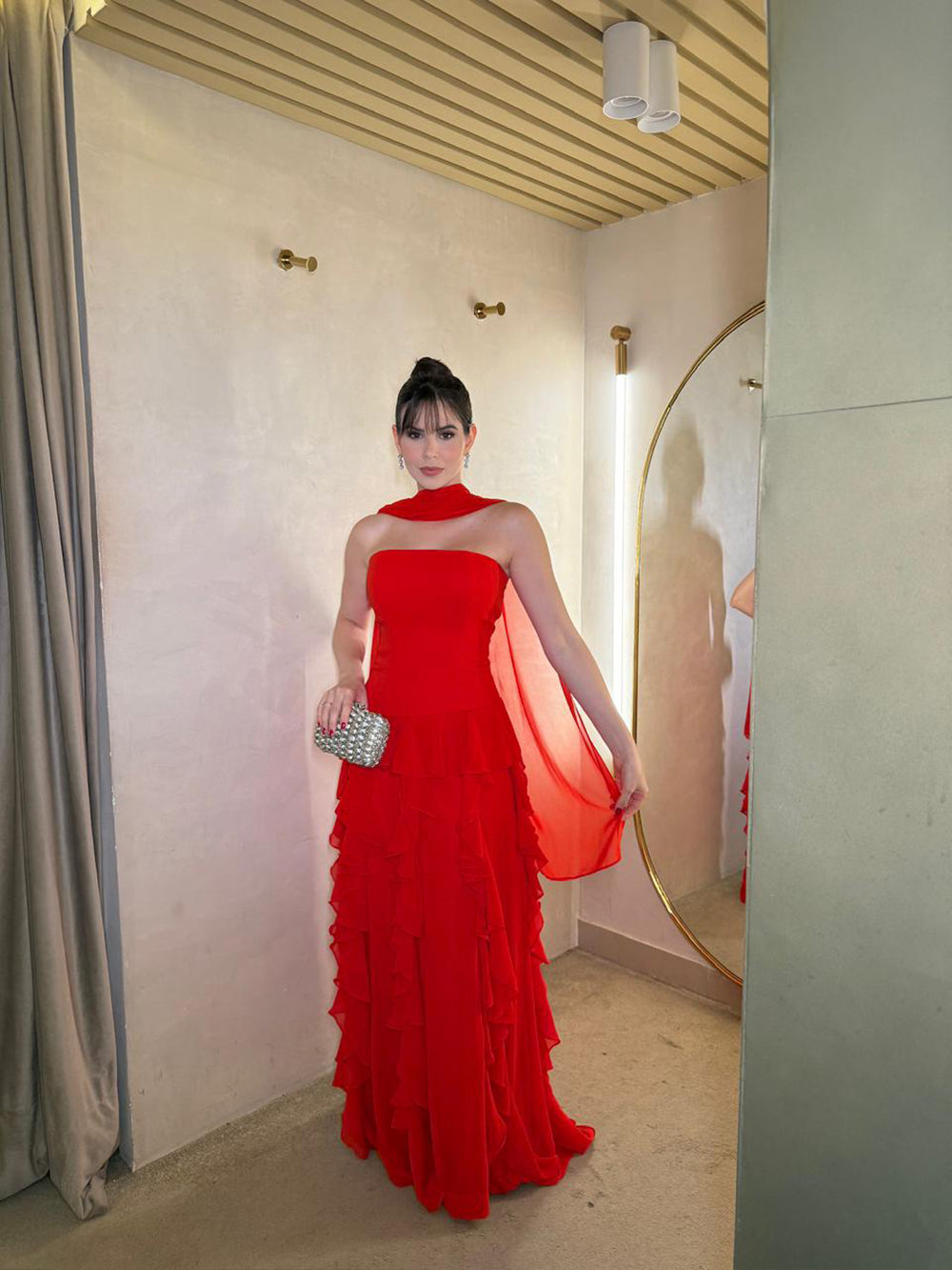 Red Strapless Prom Dress Chiffon Cape Ruffle Tiered Luxury Formal Evening Gowns Ms2606243