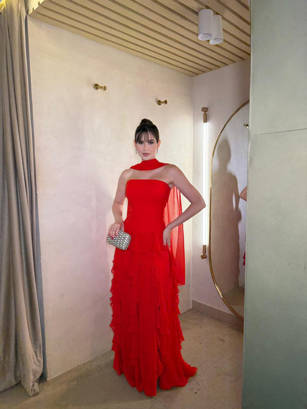 Red Strapless Prom Dress Chiffon Cape Ruffle Tiered Luxury Formal Evening Gowns Ms2606243