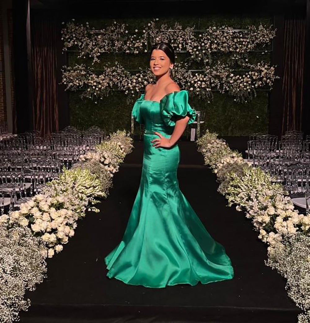 Mermaid Prom Dress Satin Off Shoulder Puff Sleeve Backless Formal Evening Gown Ms2607206