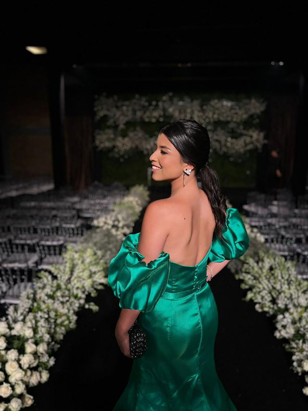 Mermaid Prom Dress Satin Off Shoulder Puff Sleeve Backless Formal Evening Gown Ms2607206