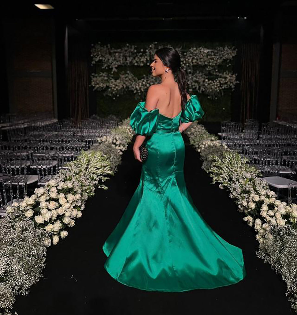 Mermaid Prom Dress Satin Off Shoulder Puff Sleeve Backless Formal Evening Gown Ms2607206