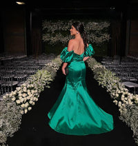 Mermaid Prom Dress Satin Off Shoulder Puff Sleeve Backless Formal Evening Gown Ms2607206