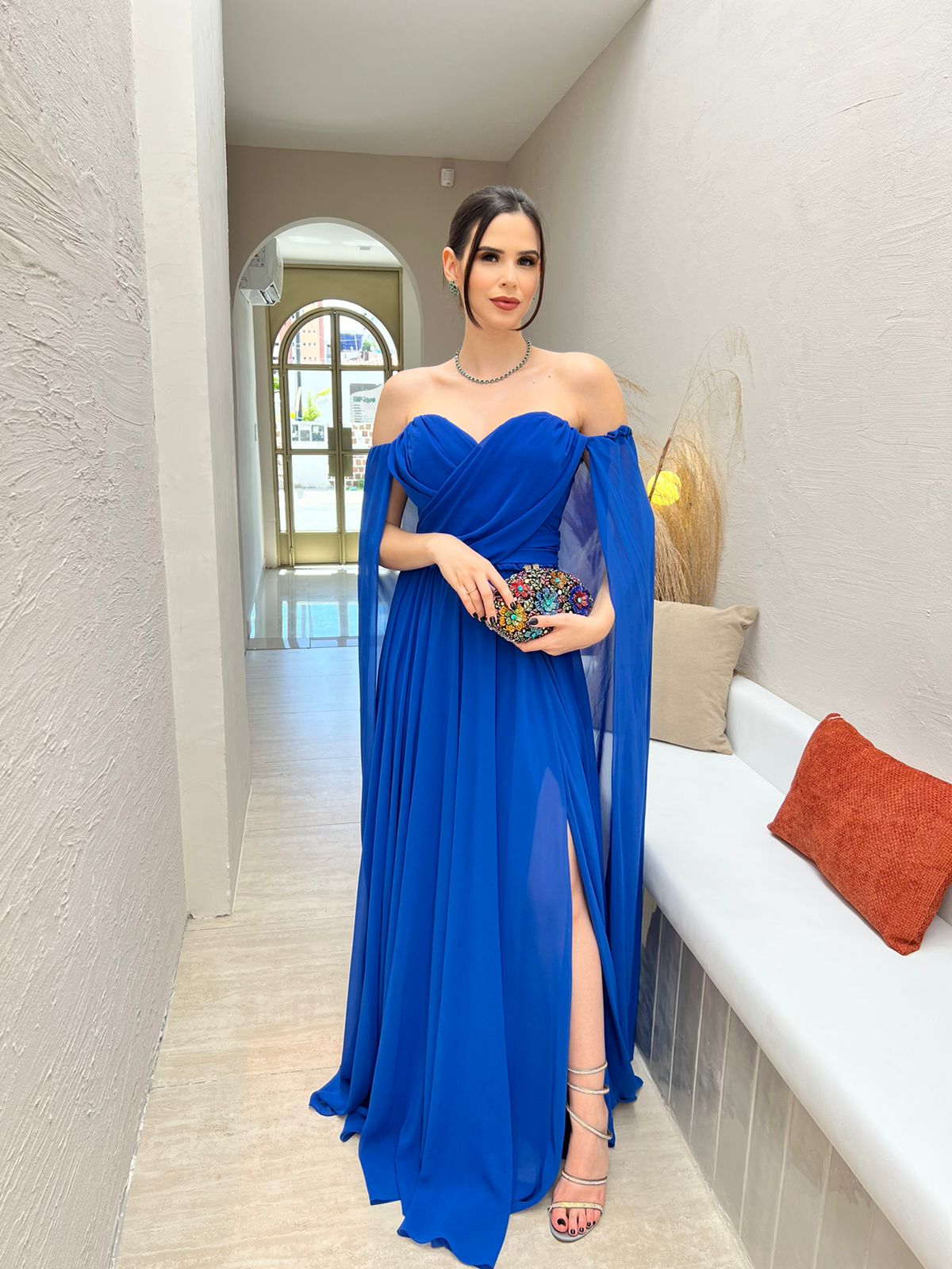 Chiffon Evening Dress Off Shoulder Sweetheart Neck High Slit Cape Sleeve Prom Dress Ms2607115