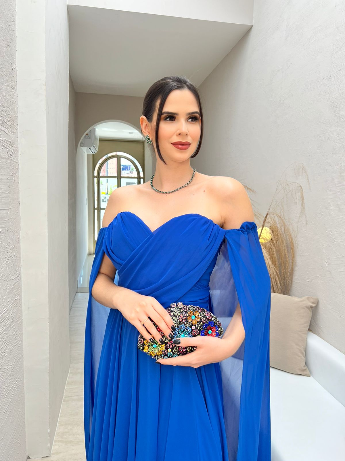 Chiffon Evening Dress Off Shoulder Sweetheart Neck High Slit Cape Sleeve Prom Dress Ms2607115