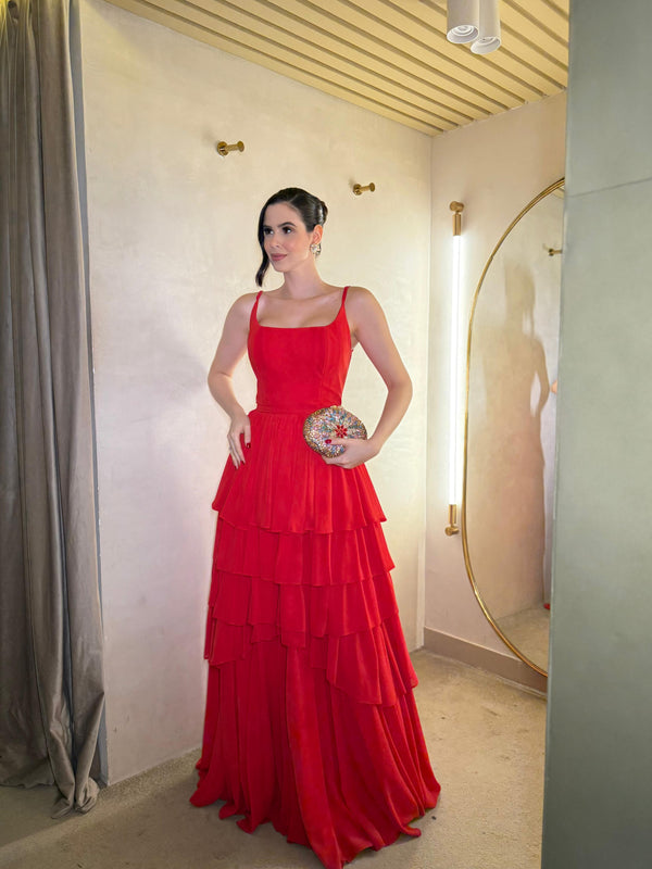 Red Spaghetti Strap Square Neck Prom Dress Ruffle Tiered A Line Evening Party Dress Ms2607034