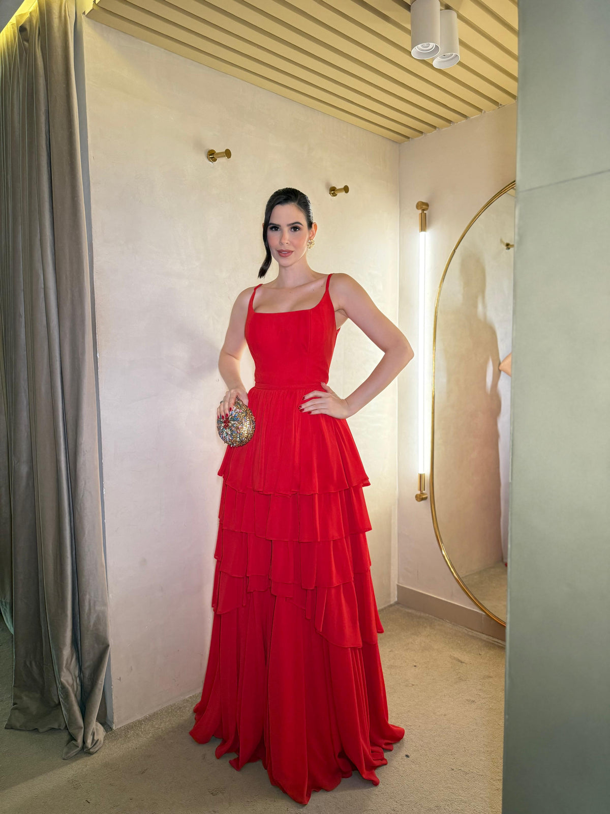 Red Spaghetti Strap Square Neck Prom Dress Ruffle Tiered A Line Evening Party Dress Ms2607034