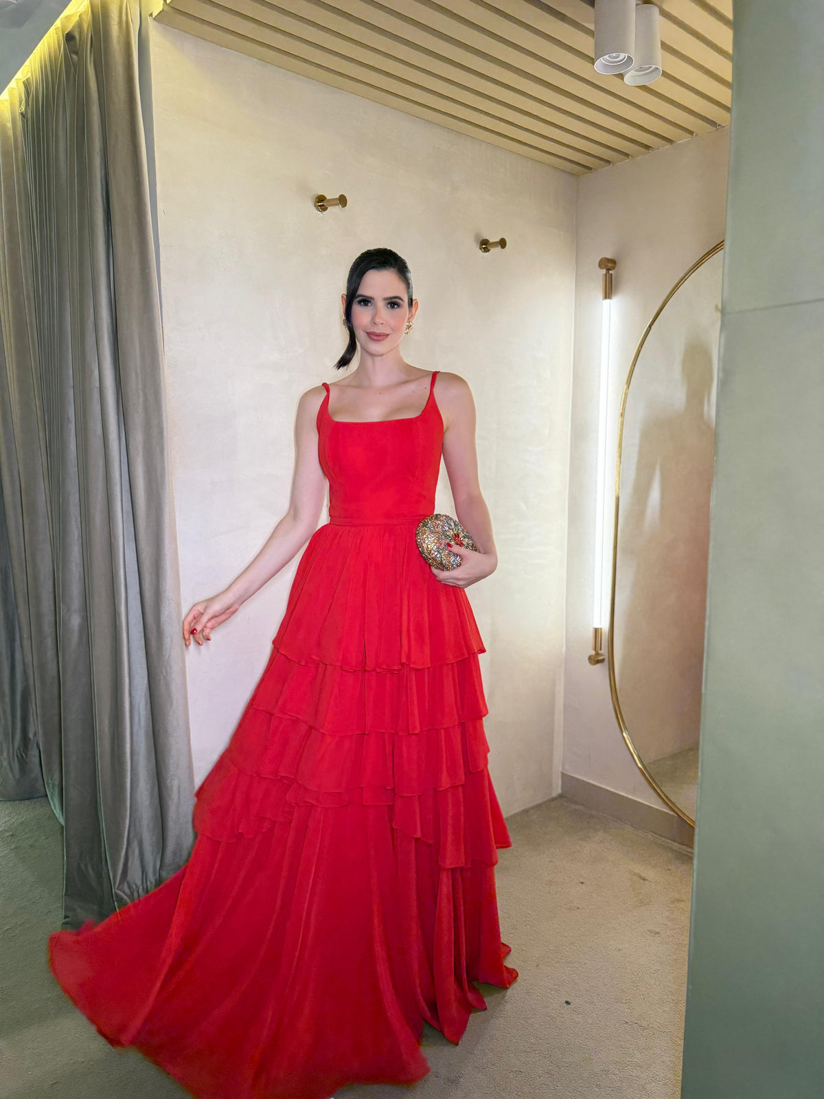 Red Spaghetti Strap Square Neck Prom Dress Ruffle Tiered A Line Evening Party Dress Ms2607034