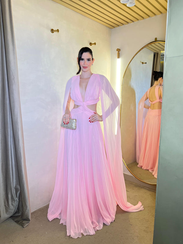 Pink Chiffon Formal Evening Gown Deep V Neck Cape Sleeve Pleated Cut Out A Line Prom Dress Ms2607033