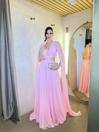 Pink Chiffon Formal Evening Gown Deep V Neck Cape Sleeve Pleated Cut Out A Line Prom Dress Ms2607033
