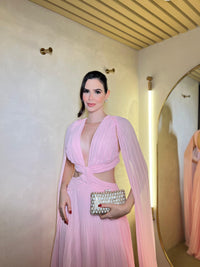 Pink Chiffon Formal Evening Gown Deep V Neck Cape Sleeve Pleated Cut Out A Line Prom Dress Ms2607033