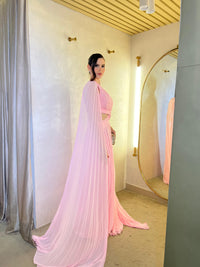 Pink Chiffon Formal Evening Gown Deep V Neck Cape Sleeve Pleated Cut Out A Line Prom Dress Ms2607033