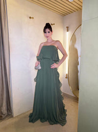 Sage Green Chiffon Prom Dress Strapless Pleated Overlay A Line Evening Dress Ms2606242