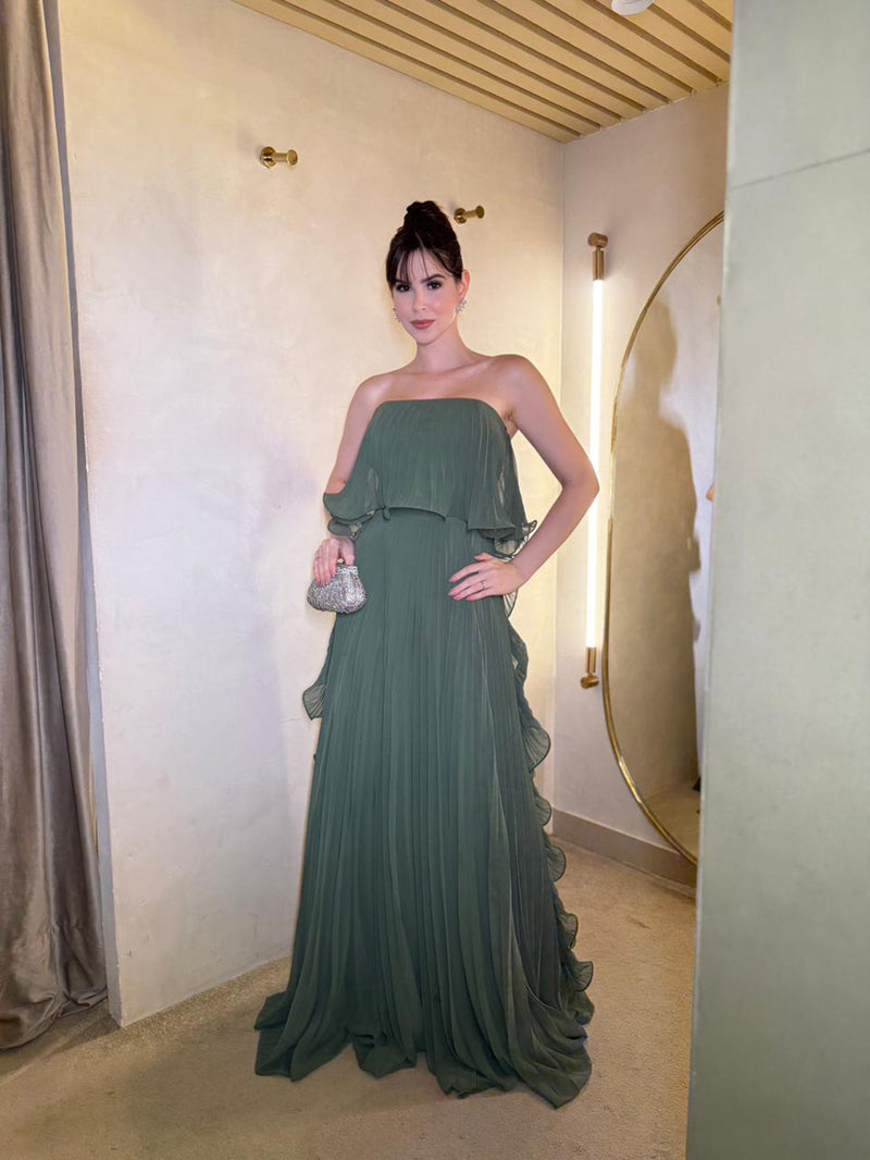 Sage Green Chiffon Prom Dress Strapless Pleated Overlay A Line Evening Dress Ms2606242