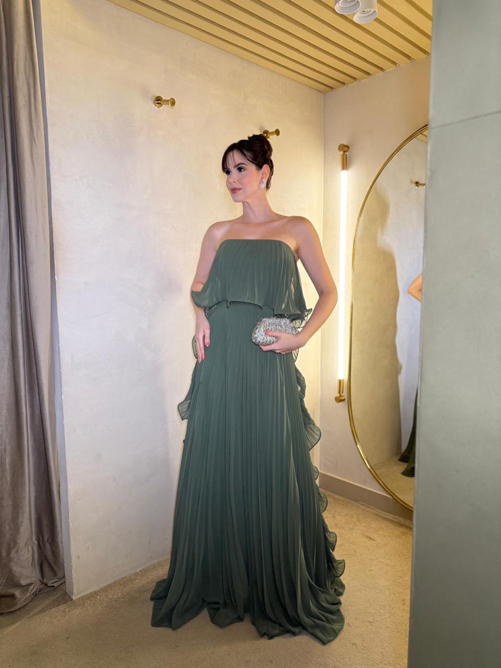 Sage Green Chiffon Prom Dress Strapless Pleated Overlay A Line Evening Dress Ms2606242