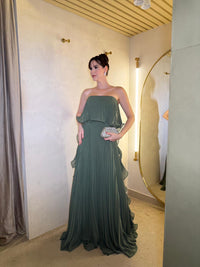 Sage Green Chiffon Prom Dress Strapless Pleated Overlay A Line Evening Dress Ms2606242