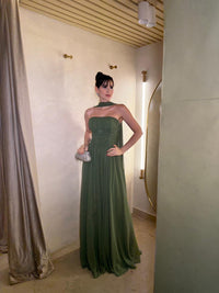 Sage Green Strapless Chiffon Prom Dress Pleated Cape A Line Evening Dress Formal Gown Ms2606241