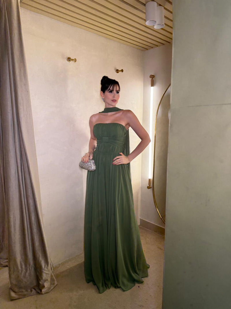 Sage Green Strapless Chiffon Prom Dress Pleated Cape A Line Evening Dress Formal Gown Ms2606241