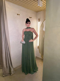 Sage Green Strapless Chiffon Prom Dress Pleated Cape A Line Evening Dress Formal Gown Ms2606241