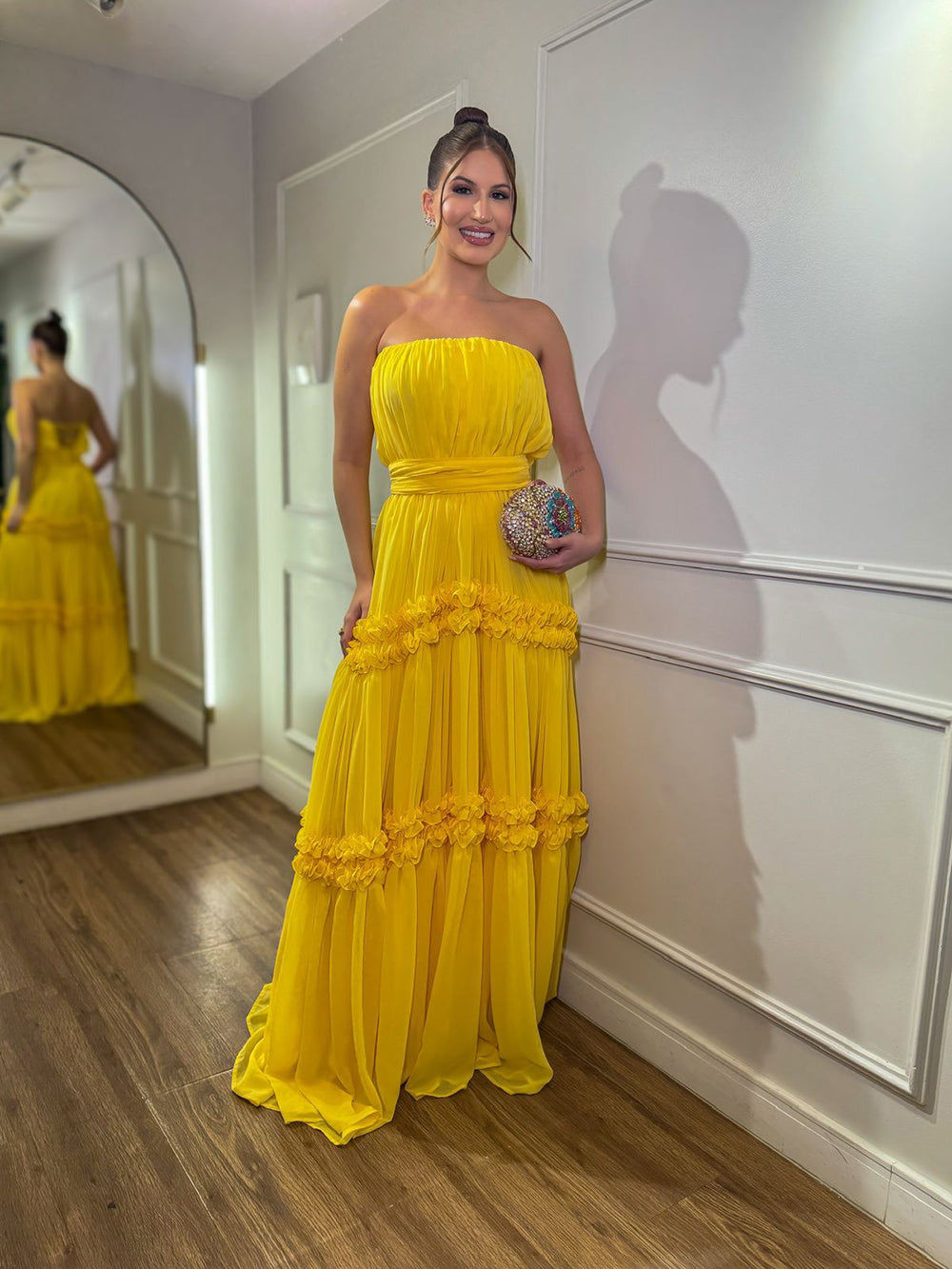 Yellow Chiffon Evening Dress Strapless Tiered Pleated A Line Formal Prom Dress Ms2607113