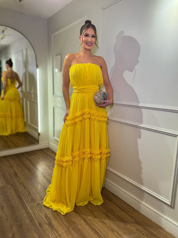 Yellow Chiffon Evening Dress Strapless Tiered Pleated A Line Formal Prom Dress Ms2607113