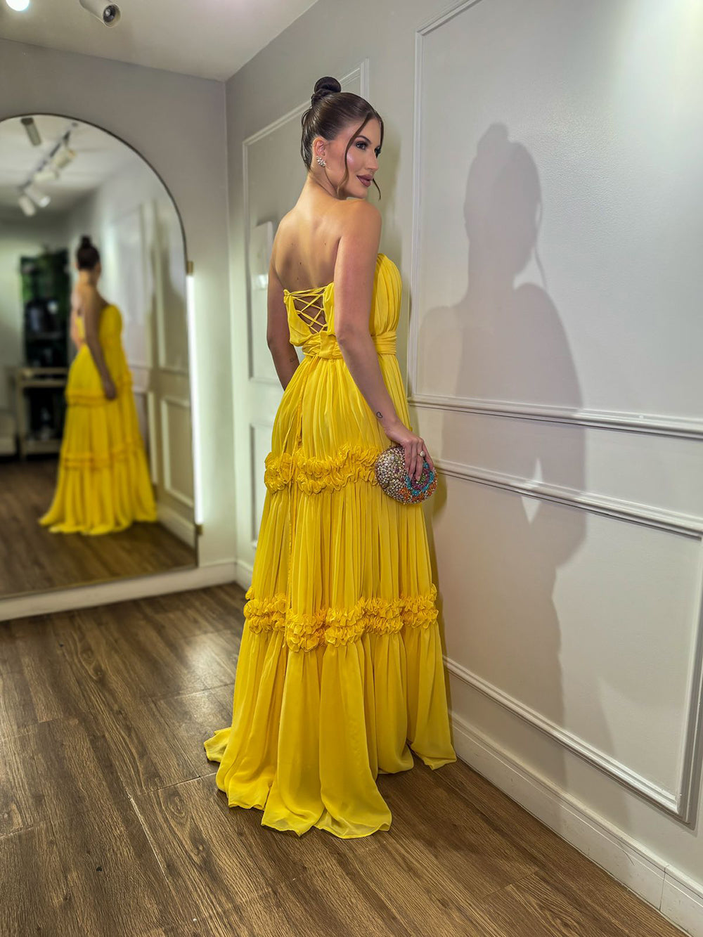 Yellow Chiffon Evening Dress Strapless Tiered Pleated A Line Formal Prom Dress Ms2607113