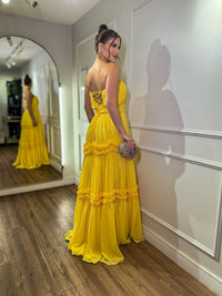 Yellow Chiffon Evening Dress Strapless Tiered Pleated A Line Formal Prom Dress Ms2607113