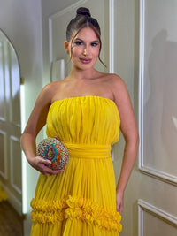 Yellow Chiffon Evening Dress Strapless Tiered Pleated A Line Formal Prom Dress Ms2607113