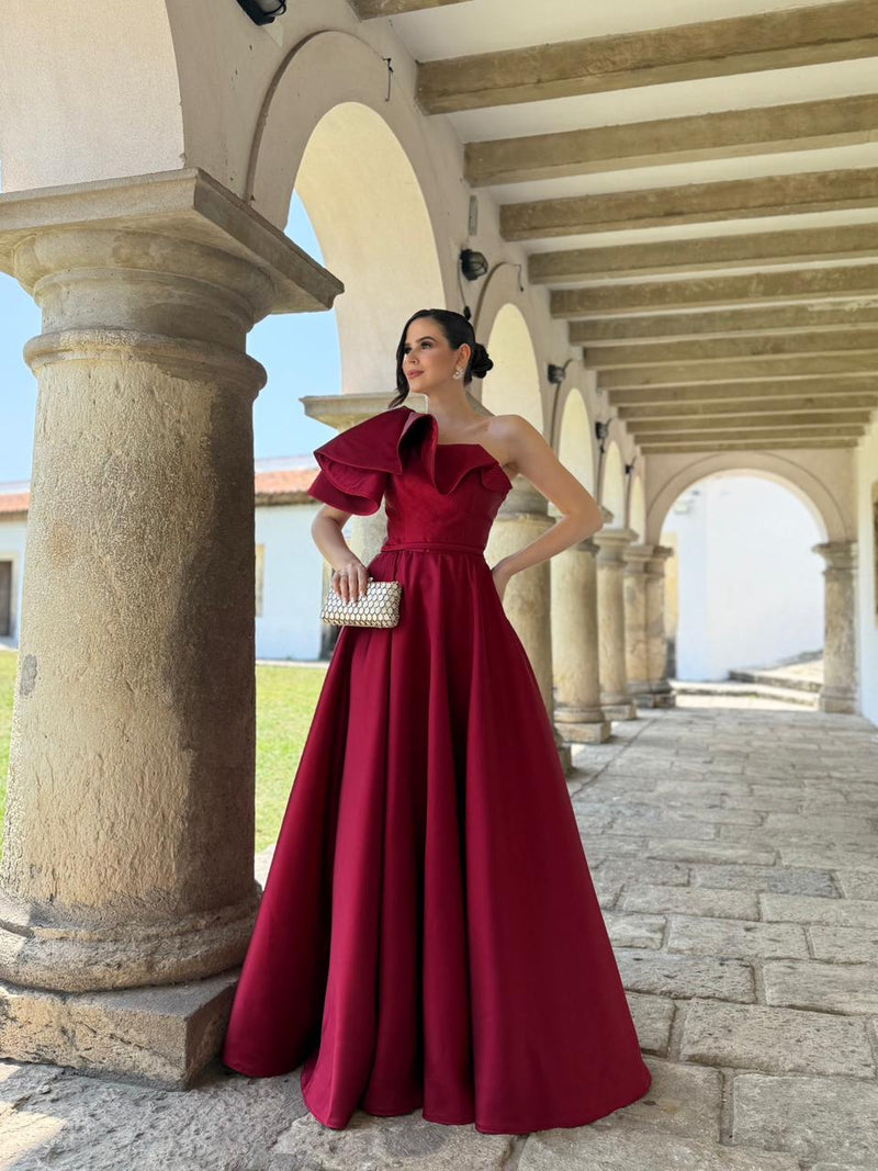 Burgundy One Shoulder Formal Evening Dress A Line Satin Prom Dress Ms2607012