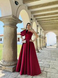 Burgundy One Shoulder Formal Evening Dress A Line Satin Prom Dress Ms2607012