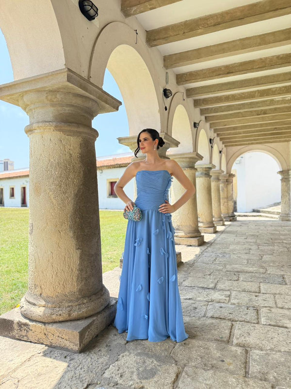 Strapless Evening Dress A Line Chiffon Floor Length Floral Appliques Prom Dress Ms2607012