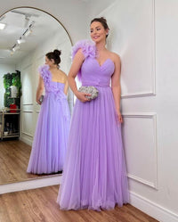 Lavender Tulle Prom Dress One Shoulder Flower Ruched A Line Guest Formal Evening Gown Ms26071122