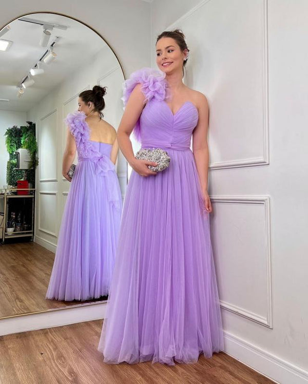 Lavender Tulle Prom Dress One Shoulder Flower Ruched A Line Guest Formal Evening Gown Ms26071122