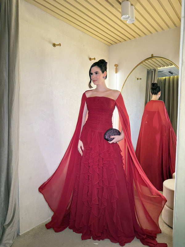 Off Shoulder Chiffon Cape Sleeves Evening Dress Ruched Layered Ruffle Formal Prom Dress Ms26070534