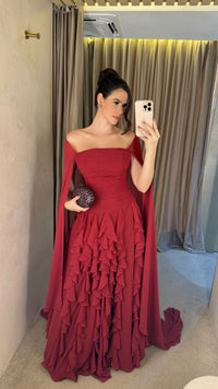 Off Shoulder Chiffon Cape Sleeves Evening Dress Ruched Layered Ruffle Formal Prom Dress Ms26070534
