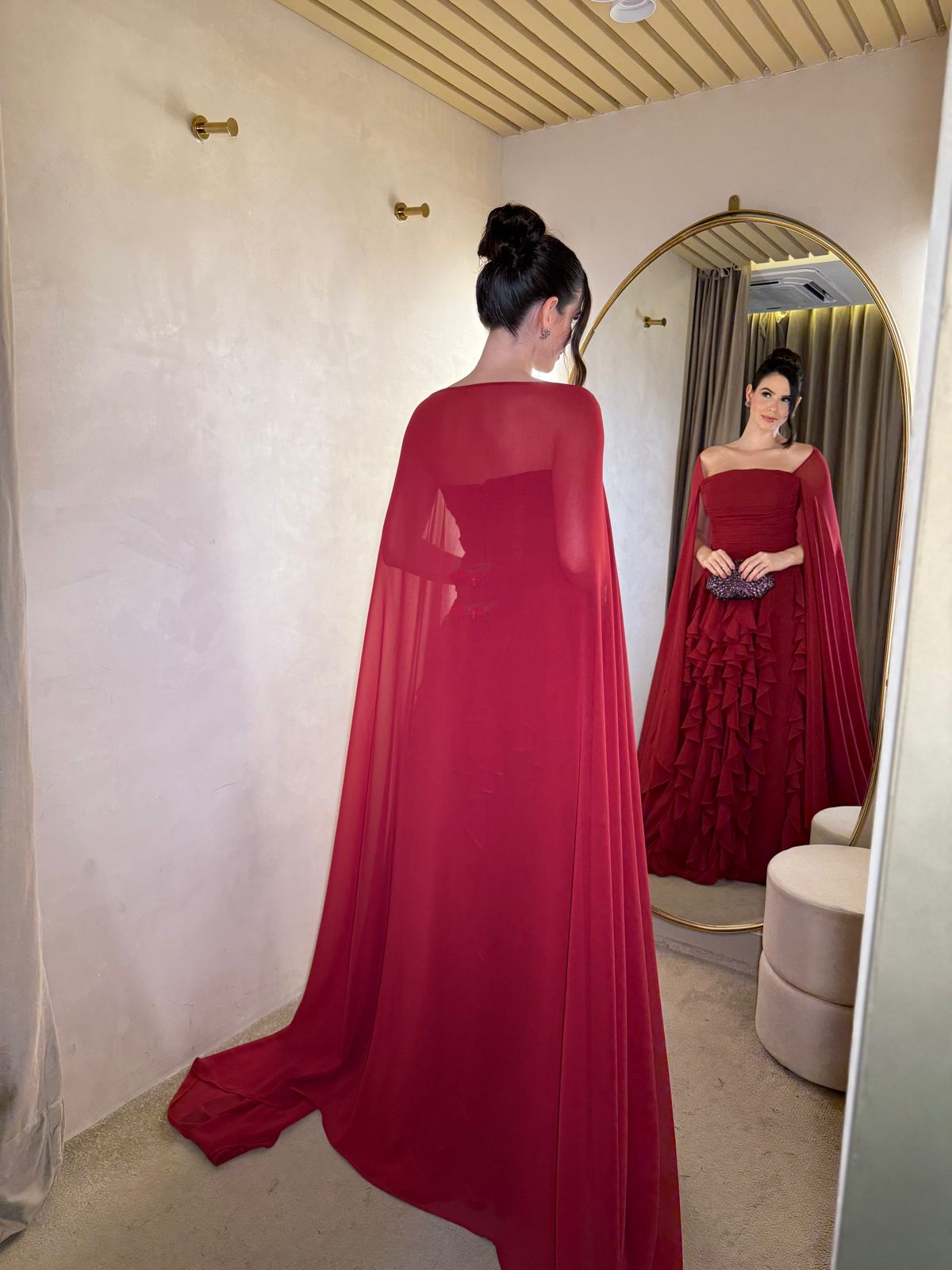 Off Shoulder Chiffon Cape Sleeves Evening Dress Ruched Layered Ruffle Formal Prom Dress Ms26070534