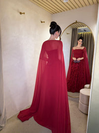 Off Shoulder Chiffon Cape Sleeves Evening Dress Ruched Layered Ruffle Formal Prom Dress Ms26070534