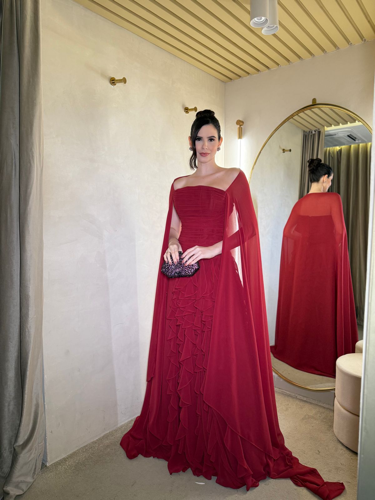 Off Shoulder Chiffon Cape Sleeves Evening Dress Ruched Layered Ruffle Formal Prom Dress Ms26070534