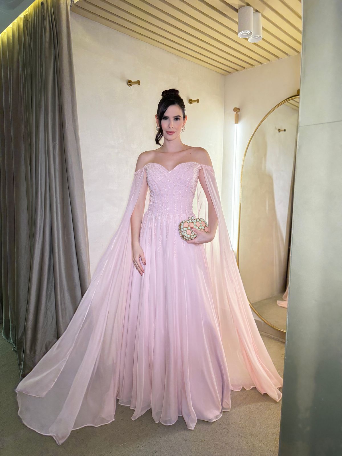 Pink Evening Dress Off Shoulder Chiffon Cape Sleeves A Line Beaded Sequins Prom Dress Ms2605066