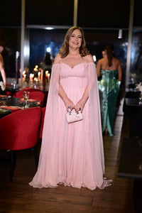 Pink Evening Dress Off Shoulder Chiffon Cape Sleeves A Line Beaded Sequins Prom Dress Ms2605066
