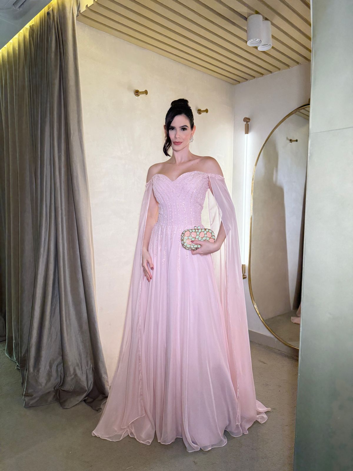 Pink Evening Dress Off Shoulder Chiffon Cape Sleeves A Line Beaded Sequins Prom Dress Ms2605066