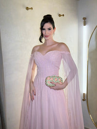 Pink Evening Dress Off Shoulder Chiffon Cape Sleeves A Line Beaded Sequins Prom Dress Ms2605066